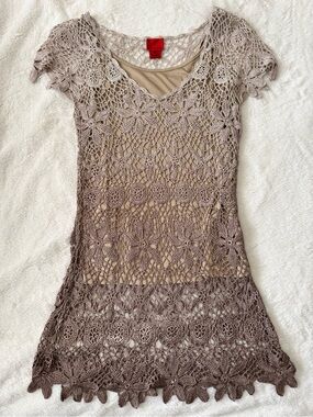 Crochet Overlay Tunic Top in Taupe Beige